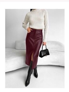 Commense Faux Leather Burgundy Midi Skirt with Front Slit, XS